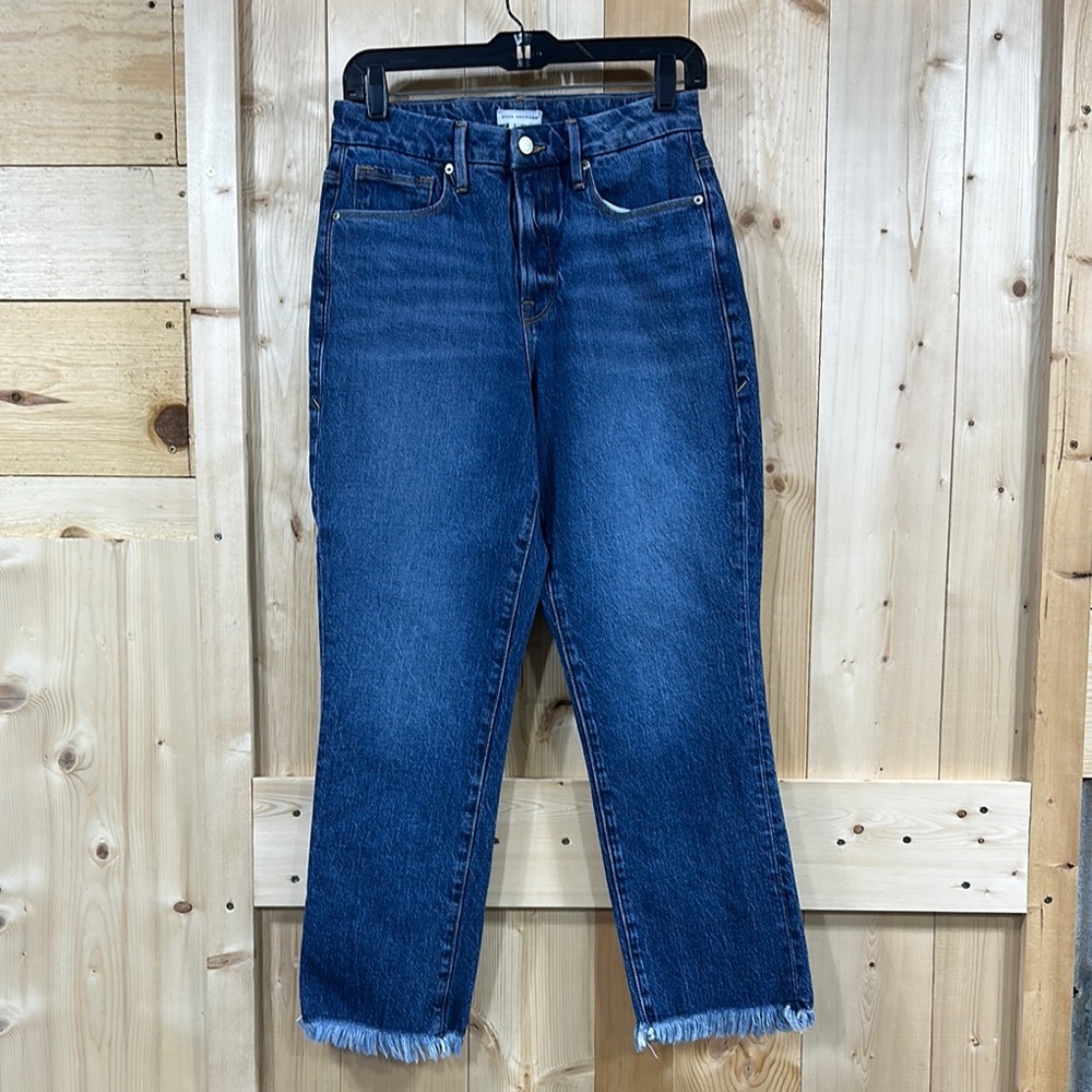 Good American Jeans Womens 2/26 Good Boy High Rise Straight Blue Denim Raw Hem